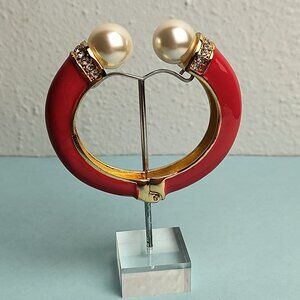 Statement Chunky Glaze Hinged Cuff Bracelet Faux Pearl Rhinestone Red Go…
